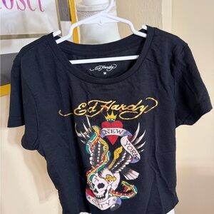 Ed Hardy Black Tee with Gold and Red Tattoo Script